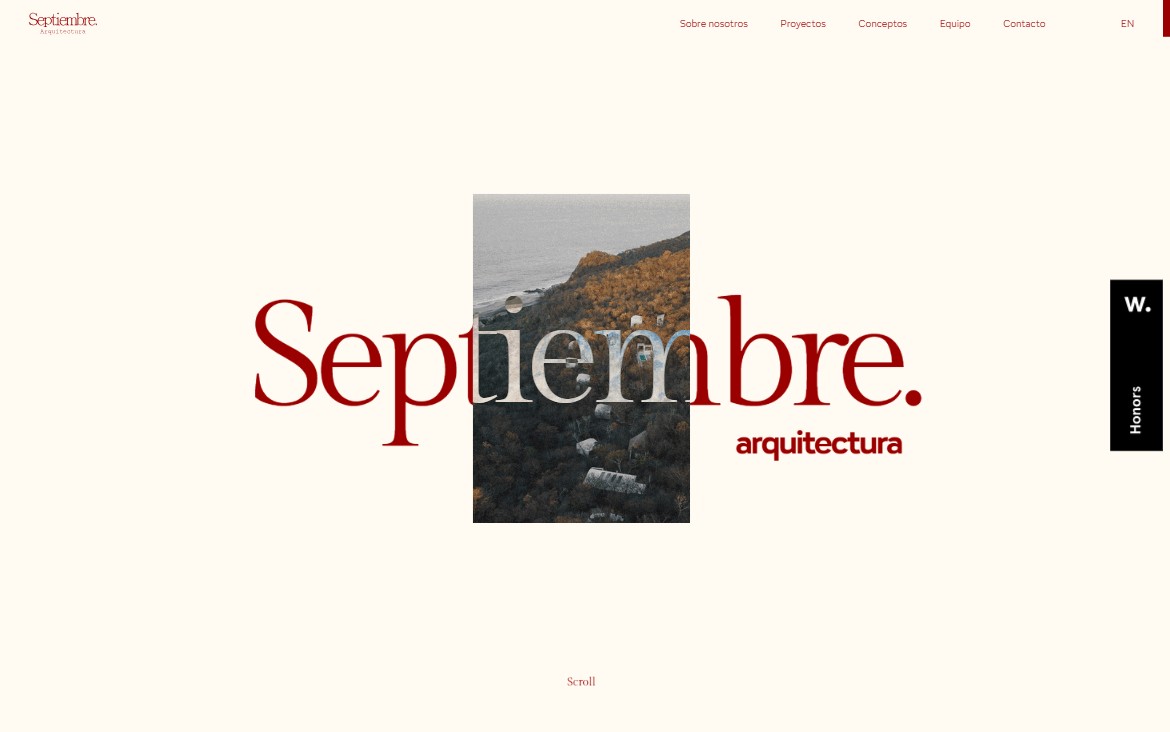 Hero: palabra serif gigante atravesada por una ventana vertical de vídeo