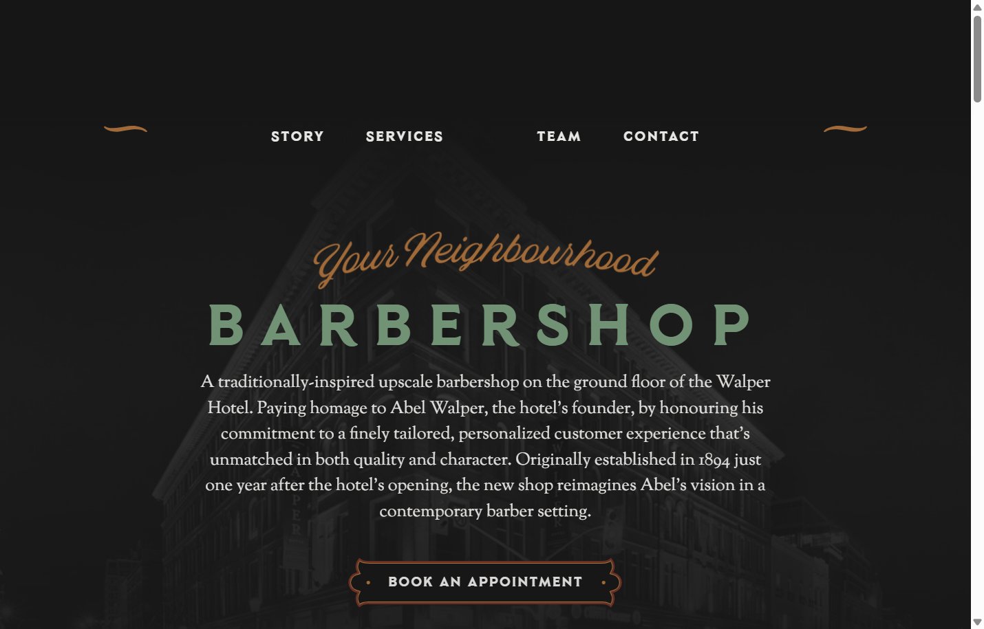Hero tipográfico: script cobre + 'BARBERSHOP' gigante espaciado en verde salvia