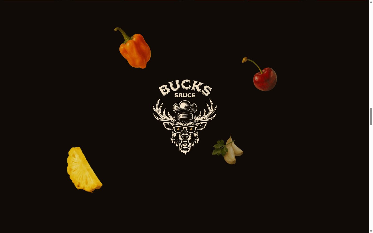 Hero: emblema centrado + ingredientes reales recortados flotando sobre negro